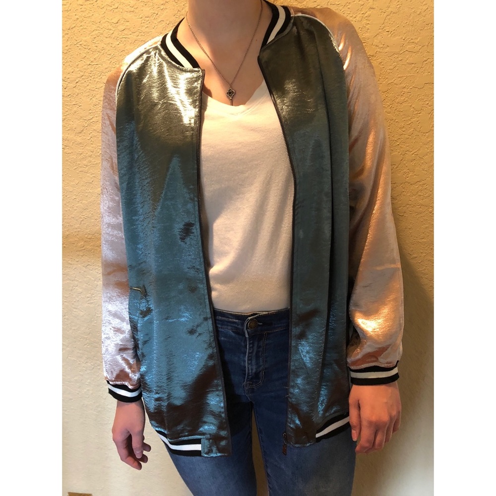 {LAST DAY} Teal & Pink Long Bomber Jacket